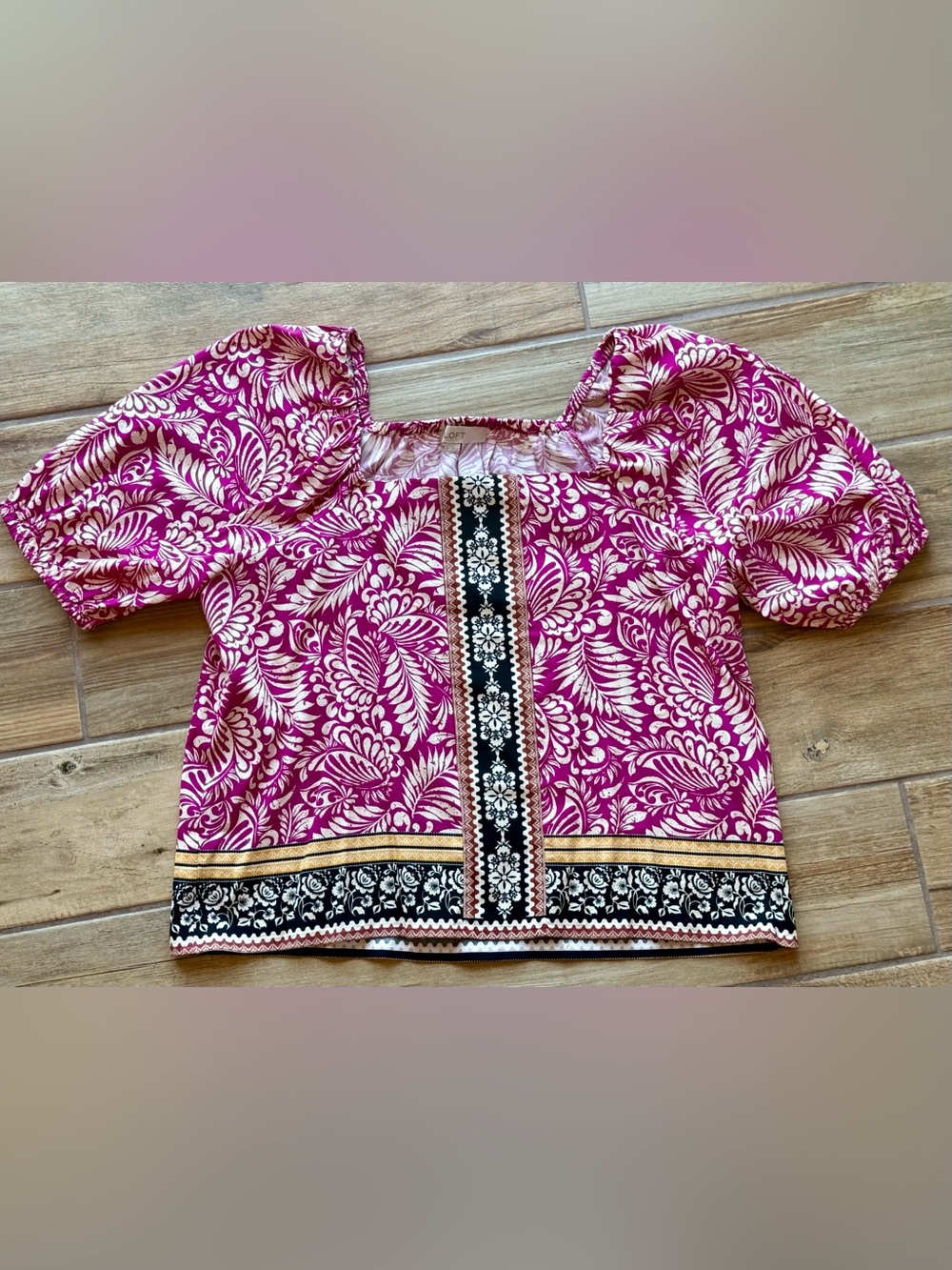Loft Womens Pink Floral Puff Sleeve Square Neck Top Size Medium